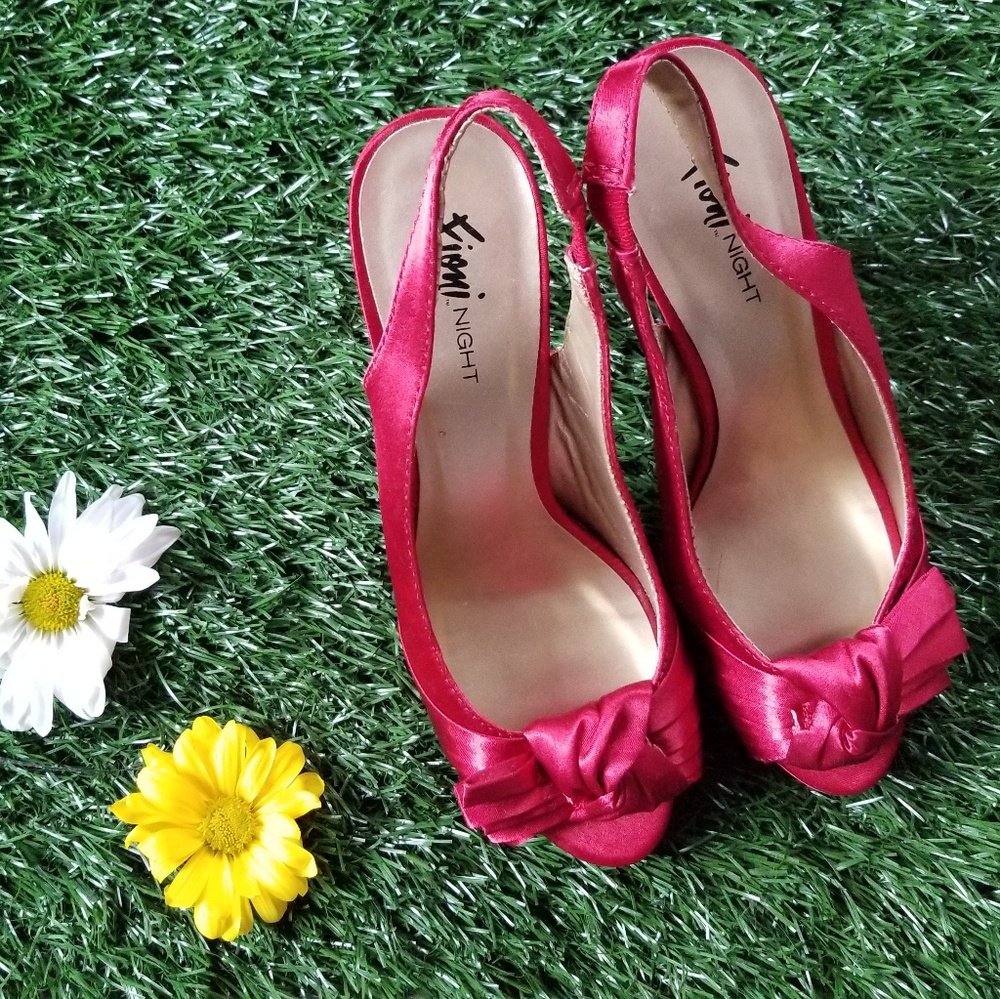 Fioni Night Red satin knot peep toe heels